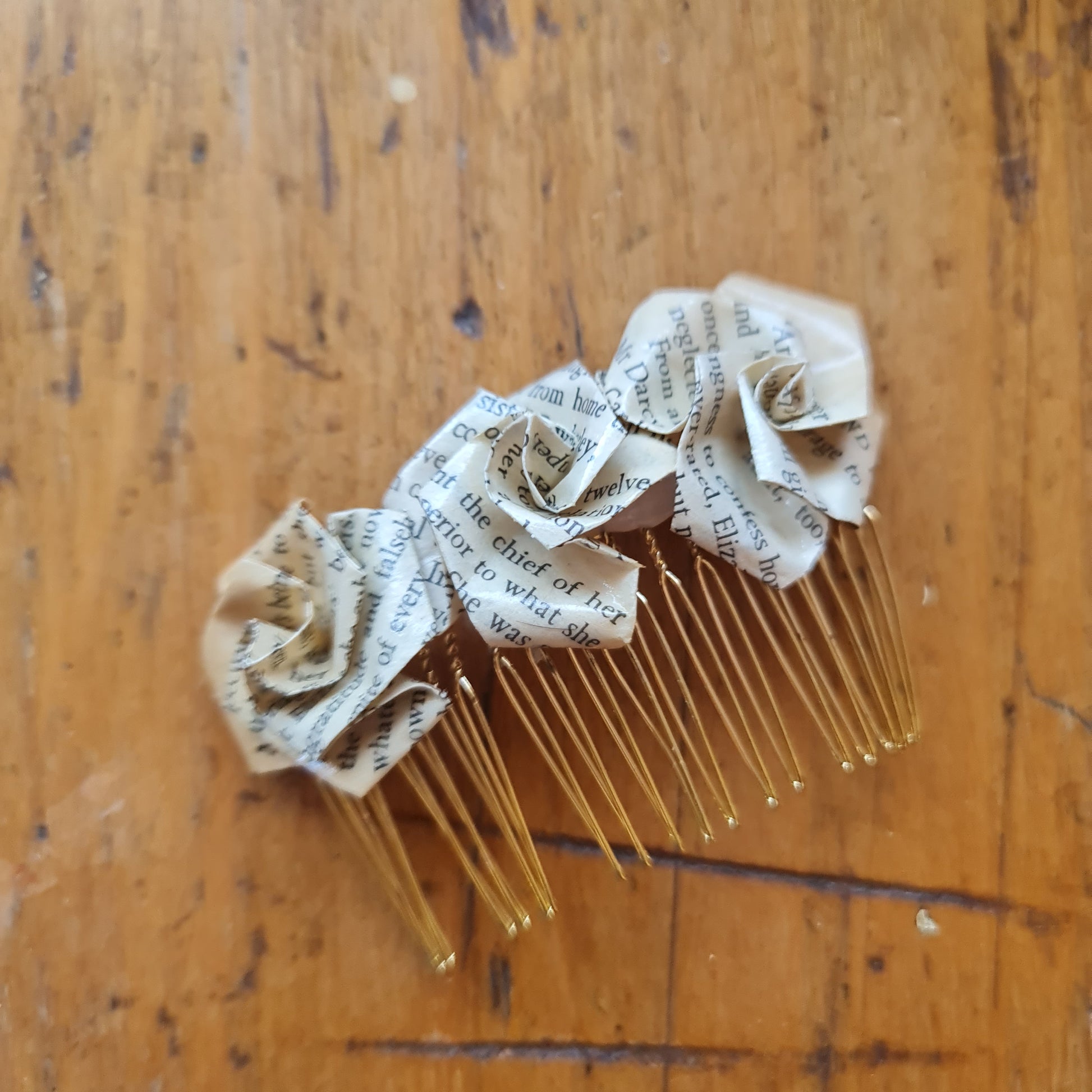 Origami rose hair comb made from old book image 2