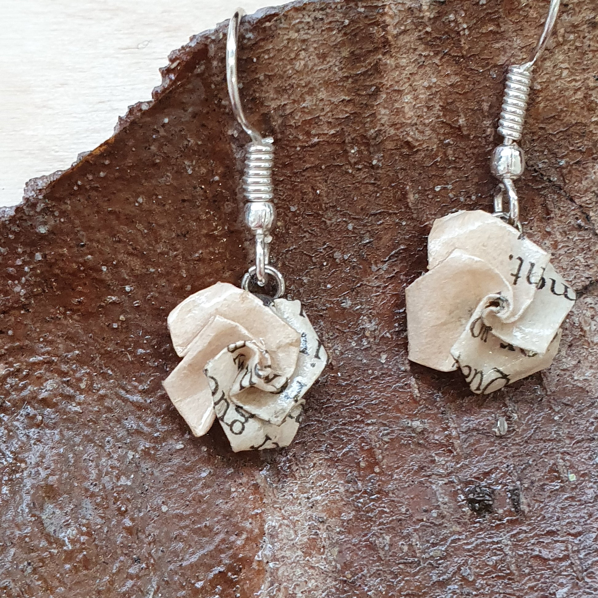 Dainty rose drop earrings made from an old copy of The Secret Garden image 1