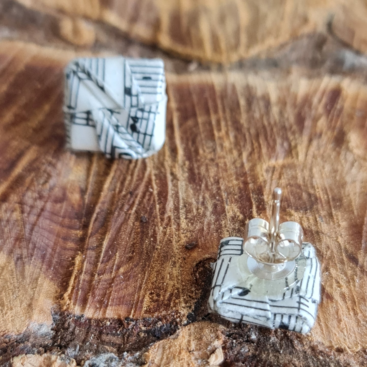 Eco-friendly recycled vintage sheet music origami stud earrings image 3