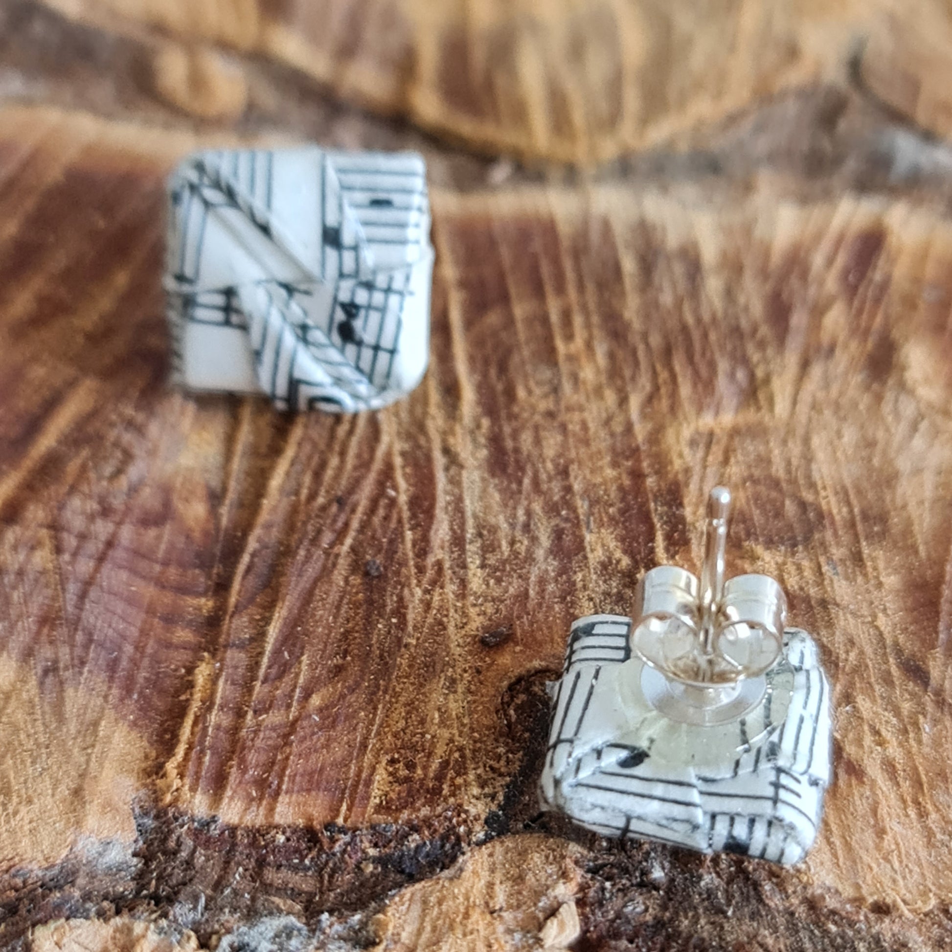 Eco-friendly recycled vintage sheet music origami stud earrings image 3