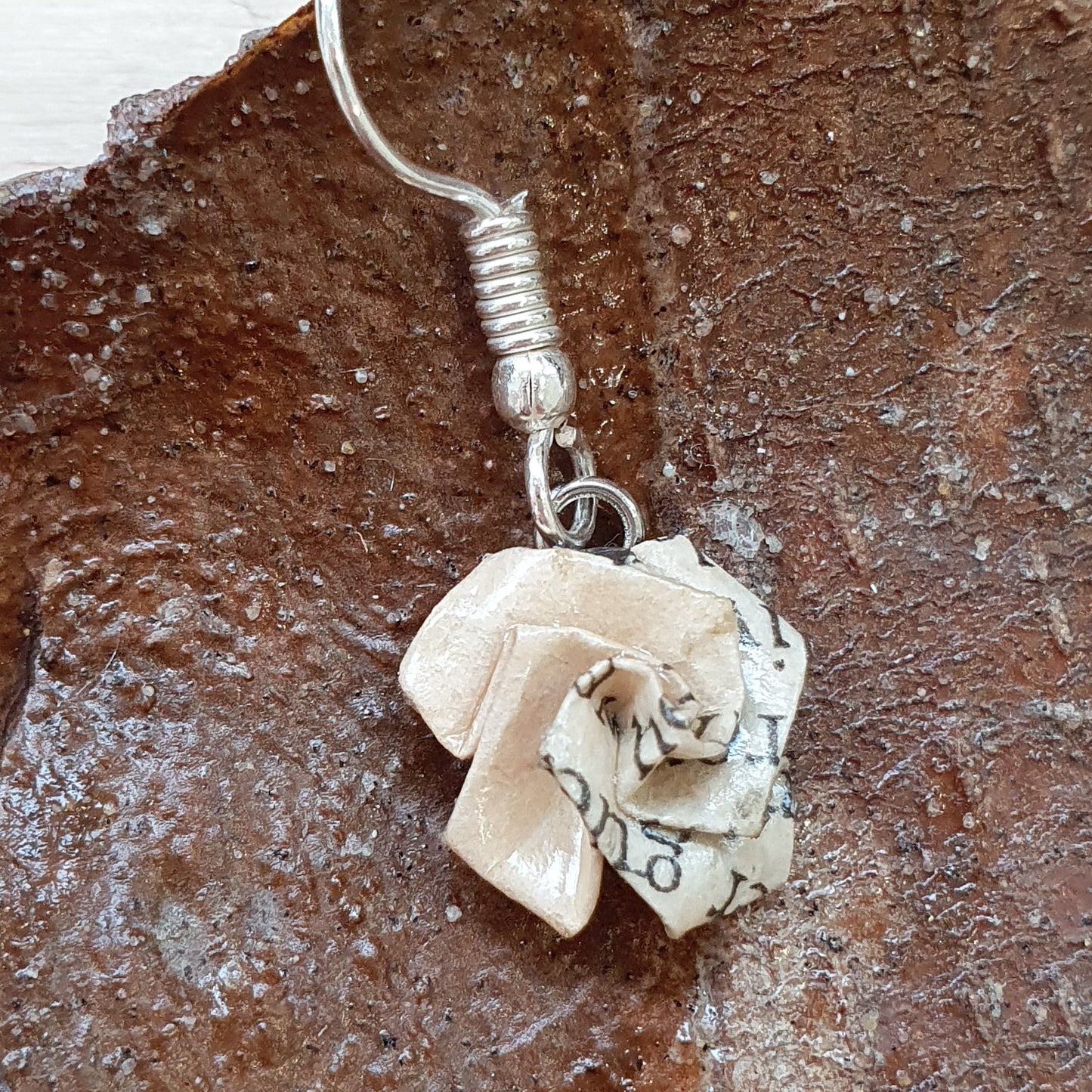 Dainty rose drop earrings made from an old copy of Dracula image 1