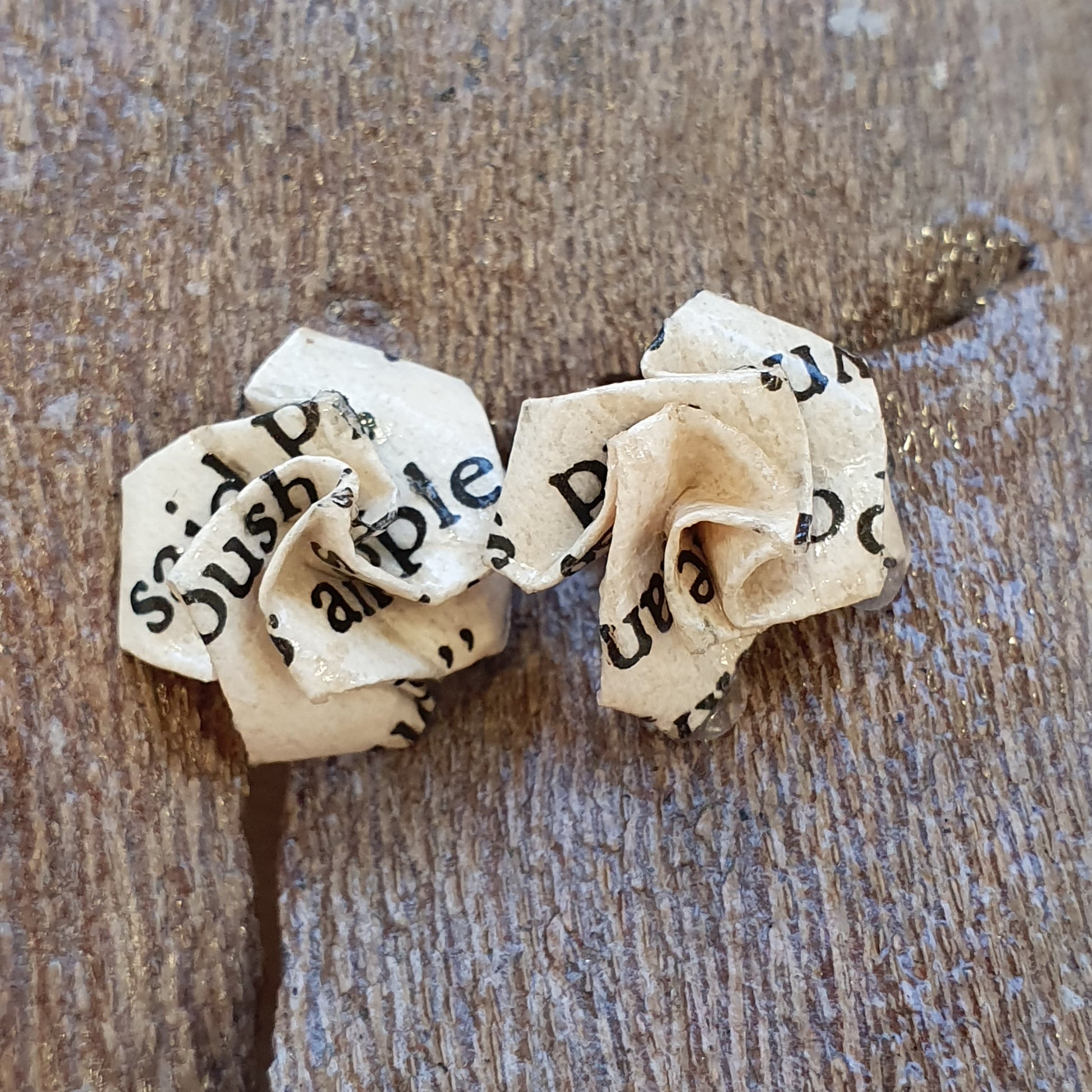 Small rose stud earrings made using paper from an old book by Poe image 1