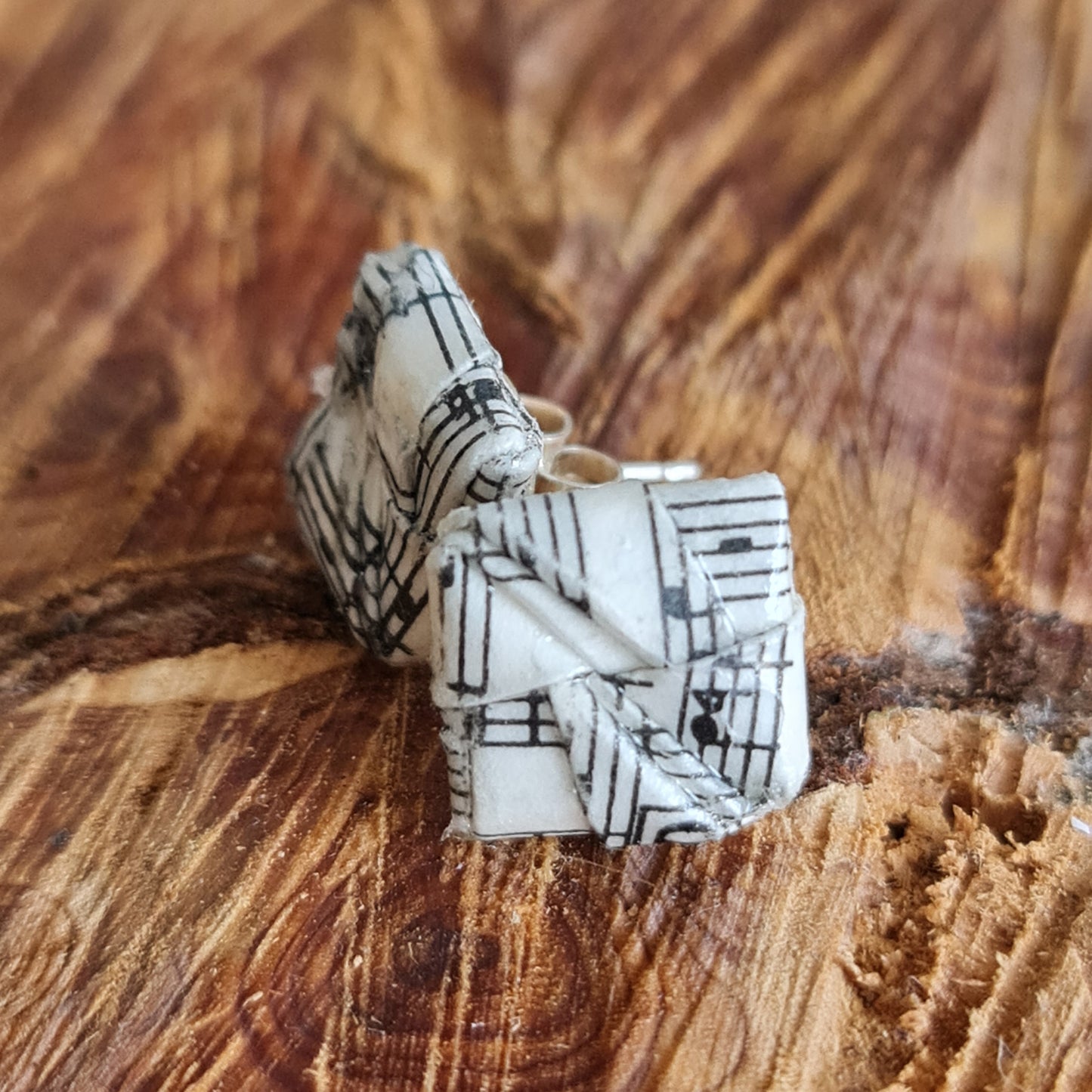 Eco-friendly recycled vintage sheet music origami stud earrings image 2