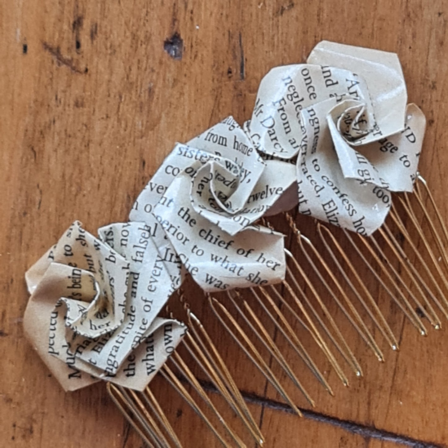 Origami rose hair comb made from old book image 0