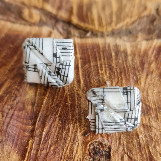 Eco-friendly recycled vintage sheet music origami stud earrings image 0