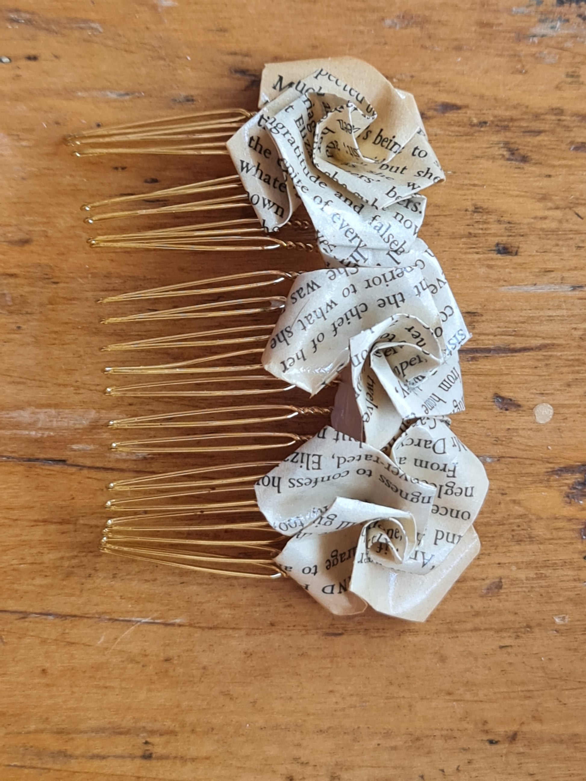 Origami rose hair comb made from old book image 1